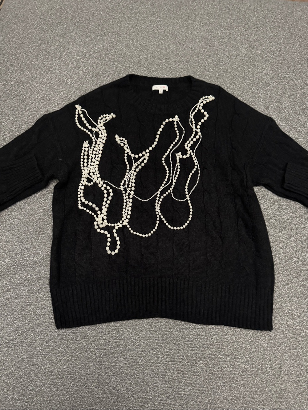 Black Cable Knit Sweater with Pearl Embellishment - Women's